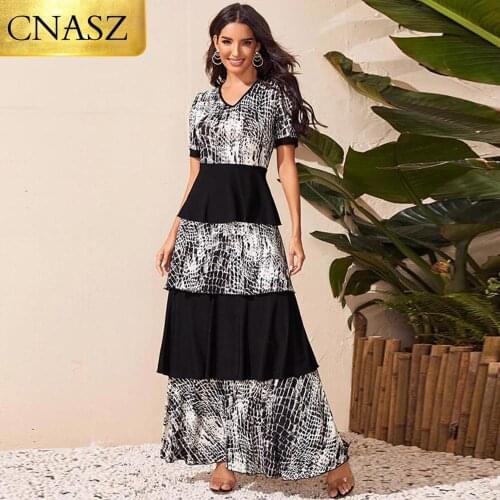 2020 Summer New Amazon Womens Fashion Print V-Neck Cake Dress Long Skirt Islamic Turkey Ladies Dress Middle East Arab Fashion