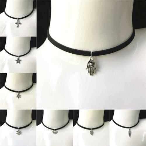 Hot Fashion Female Wax Rope Necklace Lovely Wings Leaf Star Cross Snowflake Black Velvet Choker Necklace DIY Jewelry Gift