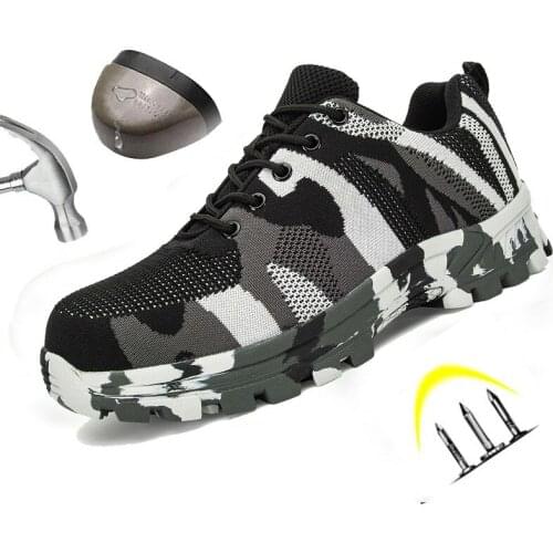 Safety Shoes Men Breathable Mesh Camouflage Lace Up Rubber Sole Steel Toe Anti Smashing Anti-slip Puncture Proof Work Boots Male
