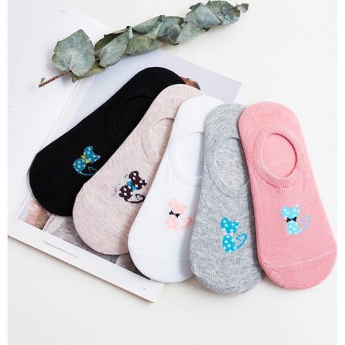 5 Pairs Cute Harajuku Animal Socks Women Spring Summer Korean Cat Funny Low Cut Invisible Sock Happy Sox Female Girl Boat Socks