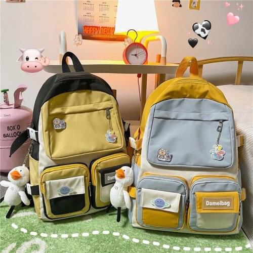 Multi-pocket Backpack For Women Waterproof Nylon Patchwork Backpacks For Teenage Girl School Bag Hit Colour Student Book Bag New