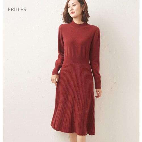Knitted Cashmere Sweater Dress Women Long Sleeve Ladies Sweater Dress Solid Autumn Winter Thick Knitting Bar Pullover Dress