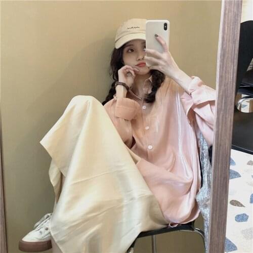 2021 New Women Spring Elegant Loose Shiny Pink Shirt Single Breasted Long Sunproof Blouse Outwear Tops