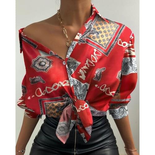 2021 Women Casual Autumn Spring Long Sleeve All Over Print Button Design Lantern Sleeve Shirt Turn-down Collar