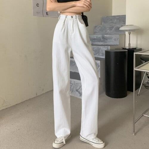 Women High Waist Casual Jeans New Arrival 2021 Autumn Korean Style Solid Color All-match Ladies Straight Denim Pants T021