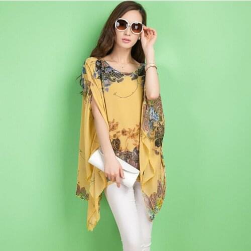 New Elegant Women Summer Boho Floral Print Batwing Sleeve Chiffon Loose Casual Top Blouse Casual Shirts For Ladies