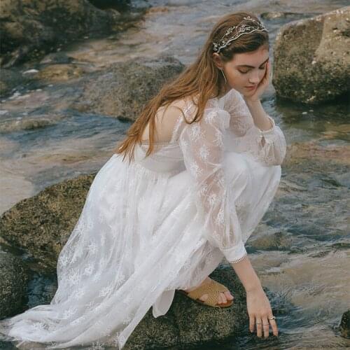 SpringSummer Original Design Women Vintage Elegant Slim Embroidery Lace Mesh White Sexy Backless Long Dress