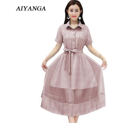 New Mesh Patchwork Plaid Dress Women Short Sleeve Medium Long Dresses Elegant Lady Slim Pullfemme Summer 2018 Turn-down Collar