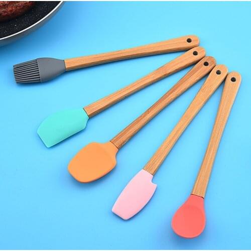 5Pcs Small Kitchen Utensils Cooking Supplies Multi Purpose Cake Spatula Baking Tools Silicone Bamboo Handle Non-stick