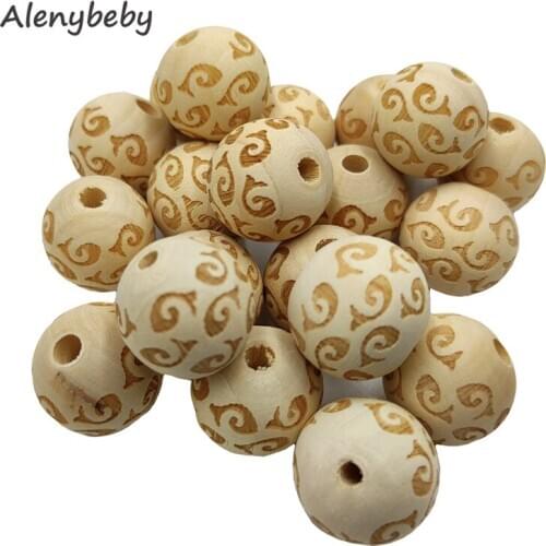 Engraving Printing Wooden Round Beads Teether Loose Natural Wood Ball Jewelry Making Bracelet Necklace DIY Teething Accessories
