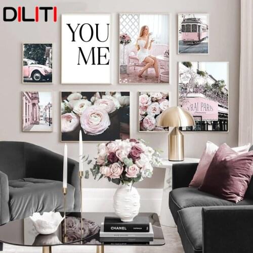 Paris Street Pink Car Tram Flowers Wall Pictures Teatime Girl Wall Art Canvas Painting Nordic Posters and Prints for Living Room