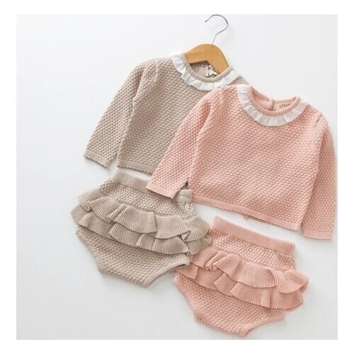 FEERIJT Newborn Baby Sets Knitting Sweater Shorts Two-piece Set Long Sleeve Ins Bodysuits Pink Cute Clothes Set Boys and Girls