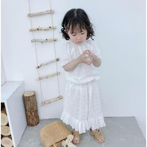 2021 Japan and South Korea Spring/Summer Girls Sets Baby Cotton Lace Embroidered Cute Short Sleeve Top + Skirt Two-piece Sets
