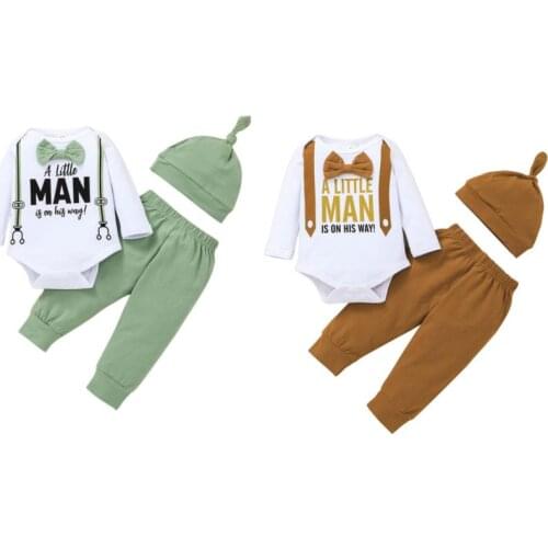 3pcs Set Baby Boy’s Clothes Unique Letter Long Sleeve Romper Solid Color Long Pants with Hat Fall Spring Babys Sets