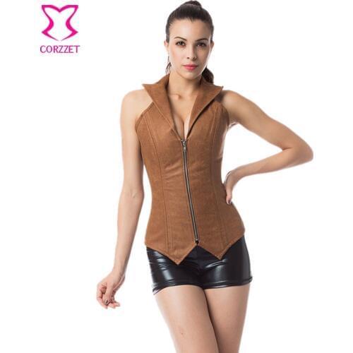 Steampunk Sexy Brown Faux Leather Halter Collared Zipper Overbust Bustier Corset Top Punk Burlesque Gothic Clothes Slim Corselet