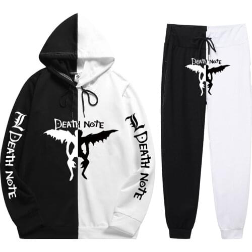 Summer Man 2 Pieces Sets Anime Death Note Harajuku Print Comfortable Patchwork Thin Hoodie+Patchwork Pants New Sweatshirts