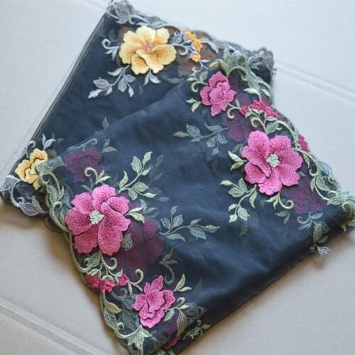 1Yard Lace Trim Black Mesh Red,Yellow 3D Thread Mirror Flower Embroidered Scalloped Tulle Lace 30cm Wide High Quality Wedding