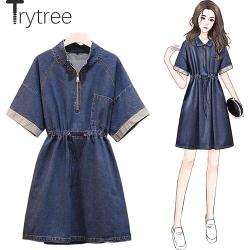 Trytree Summer Womens Denim Dress Casual Blue Solid Turn-down Collar Zip Pockets Drawstring Waist A-line Streetwear Mini Dress