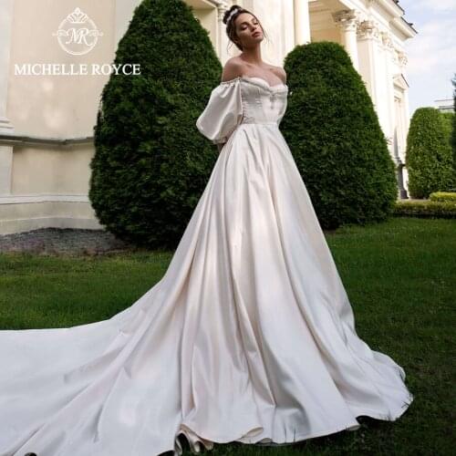Michelle Royce A-Ling Wedding Dresses 2020 Sweetheart Lantern Sleeve Appliques Button Chapel Train Bridal Gowns Vestido De Noiva
