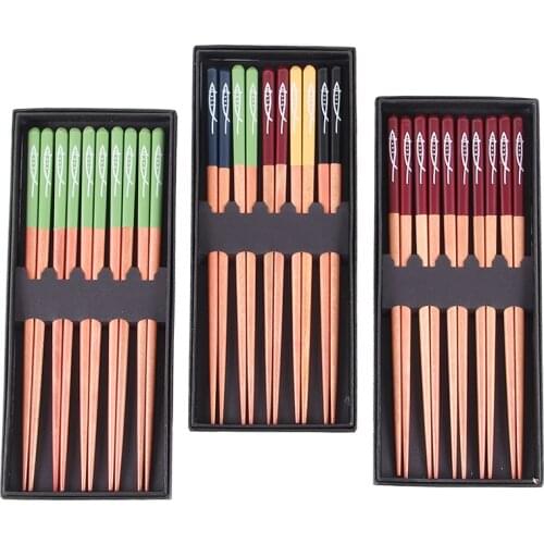 23cm Wooden Fish Pattern Chopsticks Chop Sticks Korean Wood Salad Serving 5 Pairs Set