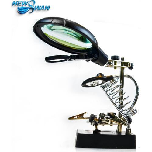 2.5X 7.5X 10X Desktop Optical Magnifier Adjustable Bench Magnifying Glass with LED Light Hand Clamp Alligator Clip Stand