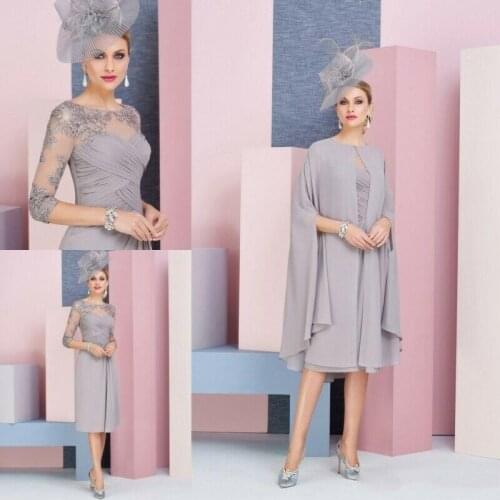 2021 Tea Length Mother Of The Bride Dresses With Jacket Jewel Lace Appliqued Wedding Guest Dress 3/4 Long Sleeve A Line Chiffon