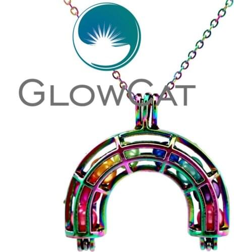GLOWCAT CC406 Multicolor Rainbow Beads Cage Pendant Essential Oil Diffuser Aromatherapy Pearl Cage Locket Necklace