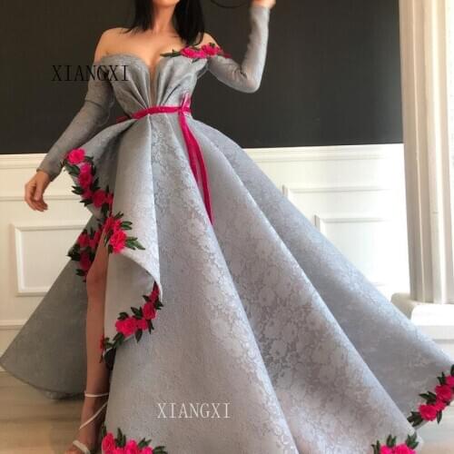 Gray Evening Dresses Long 2020 Off The Shoulder Full Sleeves Long Dress 3D Flower High Split Floor Length robe de soiree