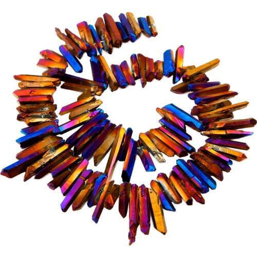 TUMBEELLUWA Purple Gold Blue Titanium Coated Crystal Points Quartz Rough Sticks Spikes Point Beads 16 inch Strand Drilled