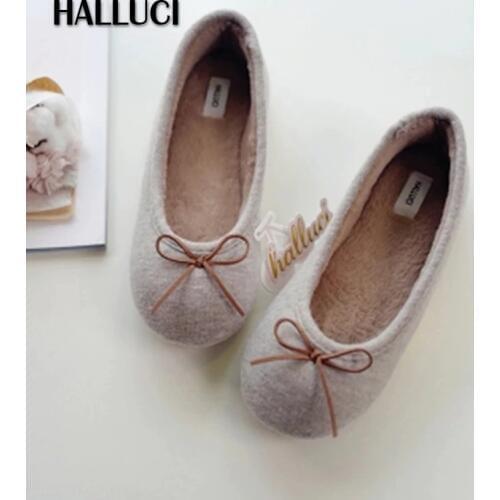 Khaki Knitted home slippers women shoes soft bow-knot short plush insole keep warm Bedroom non-slip slippers shoes for women
