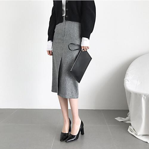 Free Shipping 2020 New Fashion Elegant Knee Length Women Straight S-2XL High Waist Winter And Autumn Grey Slit OL Skirts