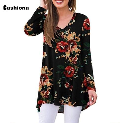 Cashiona Womens Elegant Leisure Boho Flower Print T-shirt Long Femme Top Clothing 2021 Summer New Tees Shirt Casual Pullovers