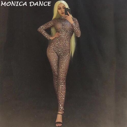 Women Sexy Stage Rhinestones Jumpsuit Simple Type Full Sparkling Crystals Party Nightclub Stage Wear Singer Dance Bling Costumes