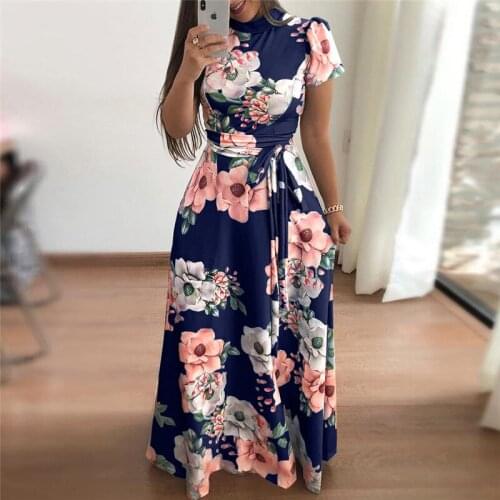 Plus Size Women Summer Long Dress 2021 Casual Long Sleeve Flower Print Maxi Dress Casual Turtleneck Belt Vestidos Oversize S-5XL
