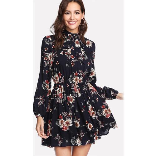 Women Floral Print Long Sleeve Mini Dress Casual High Waist Beach Short Dress