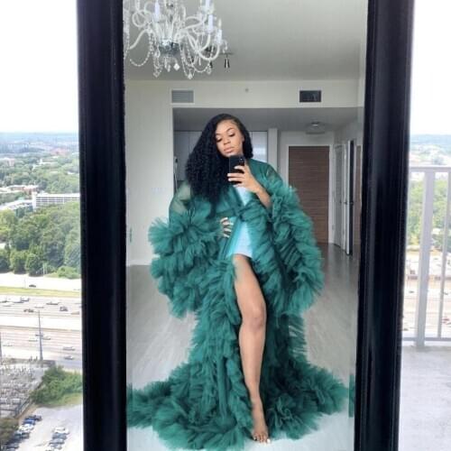 Hunter Green Ruffles Photography Dress Plus Size Night Robe Women Party Celebrity Sleepwear Fashion Nightgown Robes