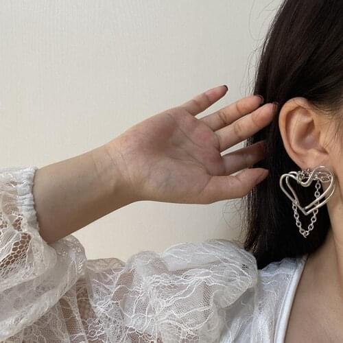 1 Pair New Silver Color Metal Geometric Love Heart-shape Chain Tassel Stud Earrings Punk Style stud ear For Women Girl Jewelry