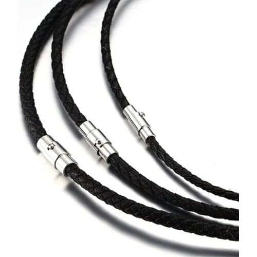4MM Black Braided Cord Rope Mens Made Leather Necklace for Men Choker Silver Color Tone Stainless Steel Magnetic Clasp