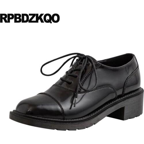 Block Pumps Round Toe Patent Leather Thick Fashion Lace Up Black Fur Designer Women Luxury 2021 Shoes Size 4 34 Medium Heels New