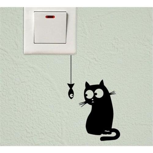 Hungry Cat See The Fish Funny Switch Stickers Decor Vinyl Wall Decal Mural Poster