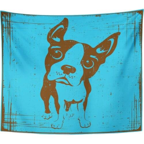 Breeds Blue Vintage Cartoon of Boston Terrier Dog with Grunge Funny Drawing Front Tapestry Home Decor Wall Hanging for Living