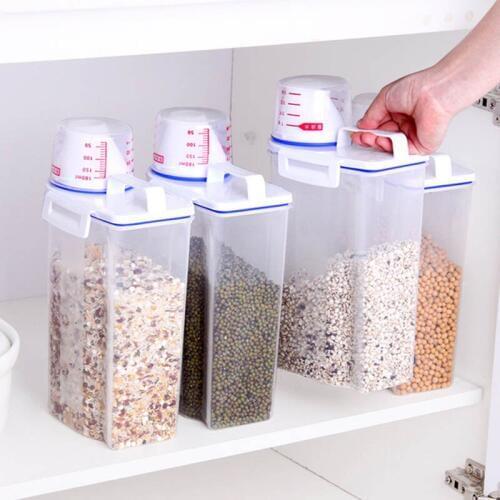 Kitchen Transparent Food Preservation Sealed Cans Plastic with Lid Measuring Cups Portable Rice Bucket Storage Containers 2L