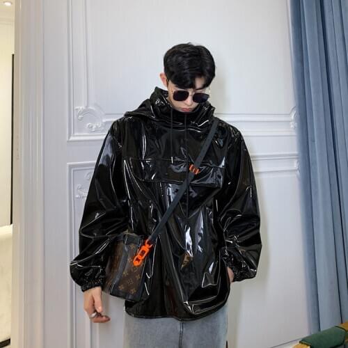 Men Autumn New Hooded Pullover Leather Jacket Coat Male Streetwear Hip Hop Casual Black Bright Leather Jacket Outerwear