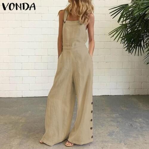 Linen Overalls 2021 VONDA Female Solid Party Playsuits Femme Office Overalls Women Jumpsuits Femininas S