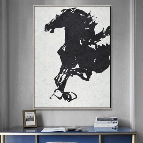 Minimalist Black White Horse Picture Hand Painted Abstract Oil Painting On Canvas Wall Art For Living Room Home Decor No Frame