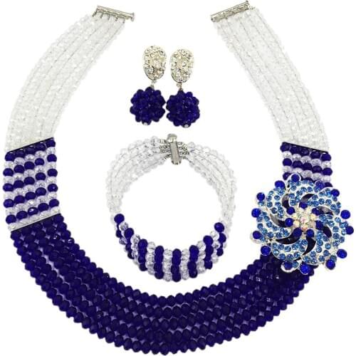 Fashion royal blue and clear ab nigerian wedding african beads crystal bead strand necklace jewelry set for women