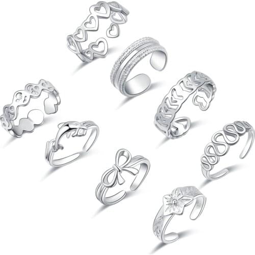 8 Piece Foot Adjustable Ring Set Small Number Tail Ring Bowknot Dolphin Love Heart Shape Hawaiian Jewelry C