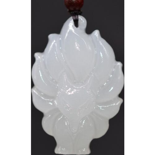 Natural XinJiang White Jade Fox Pendant Necklace Stone Nine-tailed Lucky Amulet with Chain for Men Women Gifts