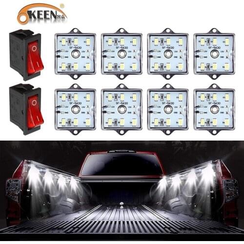 OKEEN 8pcs 6000K White LED Truck Pickup Bed Lights Kit with Switch For Truck Bed Under Car Rock Rail Light Cargo Trunk Pod Light