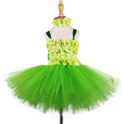 Baby Girls Green Flower Petals Tutu Dress Kids Crochet Fluffy Tulle Dress with Hairbow Children Christmas Party Costume Dresses